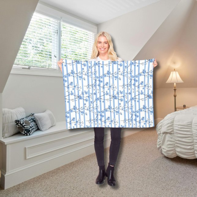 Elegant Blue Blossoms Striped Design Fleece Blanket (Creator Uploaded)
