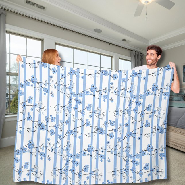Elegant Blue Blossoms Striped Design Fleece Blanket (Creator Uploaded)
