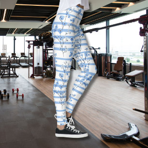 Elegant Blue Blossoms Striped Design Leggings