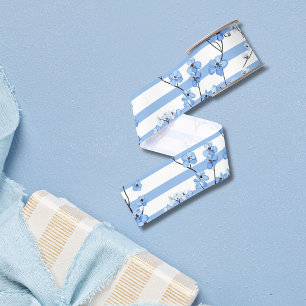 Elegant Blue Blossoms Striped Design Satin Ribbon