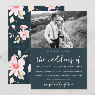 Elegant Blue Blush Floral Pattern Photo Wedding Invitation