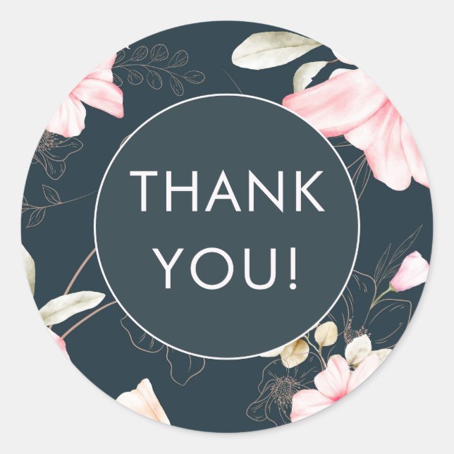 Elegant Blue Blush Floral Pattern Thank You Classic Round Sticker (Front)