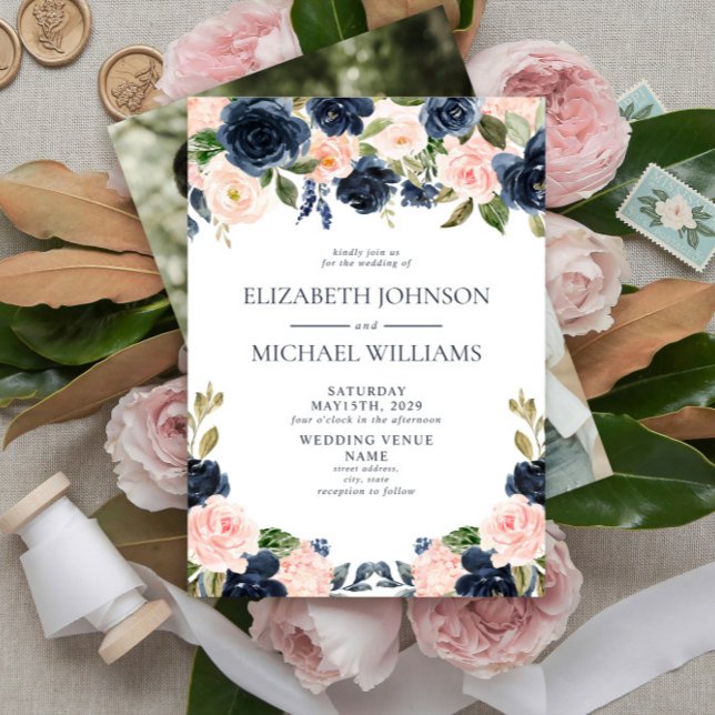 Elegant Blue Blush Watercolor Floral Photo Wedding Invitation (Creator Uploaded)