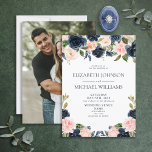 Elegant Blue Blush Watercolor Floral Photo Wedding Invitation<br><div class="desc">This beautiful, romantic floral watercolor wedding invitation features a sumptuous floral drop at the top comprised of a bountiful collection of navy blue and blush pink flowers with gorgeous greenery. Similar bouquets are placed at the bottom of the design, and elegant modern style invitation text personalises the design in the...</div>