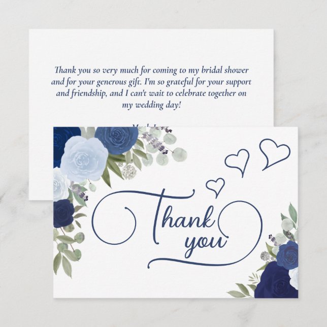 Elegant Blue Boho Chic Roses Bridal Shower Thank You Card (Front/Back)
