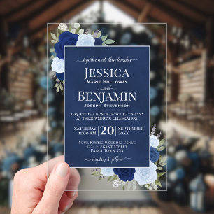 Elegant Blue Boho Chic Roses Stylish Text Wedding Acrylic Invitations