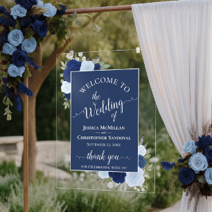 Elegant Blue Boho Chic Roses Wedding Welcome Acrylic Sign