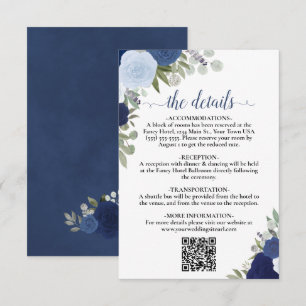 Elegant Blue Boho Roses Wedding Details QR Code Enclosure Card
