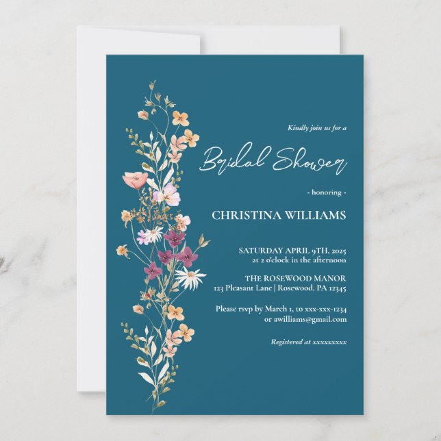 Elegant Blue Boho Wildflowers Bridal Shower Invitation (Front)