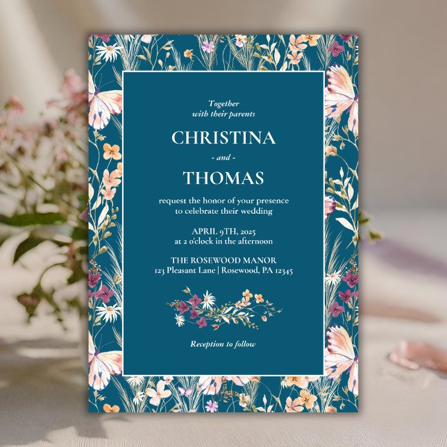 Elegant Blue Boho Wildflowers Wedding Invitation (Creator Uploaded)