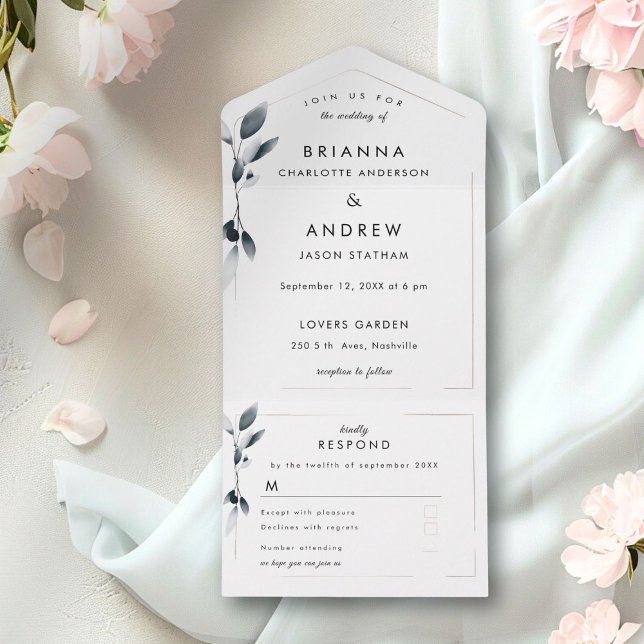 Elegant Blue Botanical All in One Wedding Invite  (Elegant Blue Botanical All in One Wedding Invite)