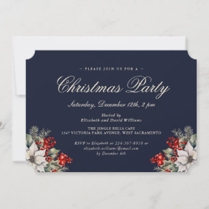 Elegant Blue Botanical Christmas Holiday Party Invitation