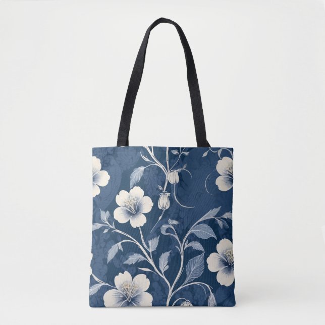 Elegant Blue Botanical Flora Tote Bag (Front)