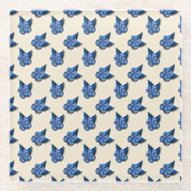 Elegant Blue Botanical Floral Pattern Notebook Vin Glass Coaster (Front)