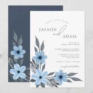 Elegant Blue Botanical Floral Wedding Invitation