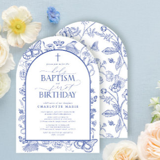 Elegant Blue Botanical Holy Baptism & 1st Birthday Invitation