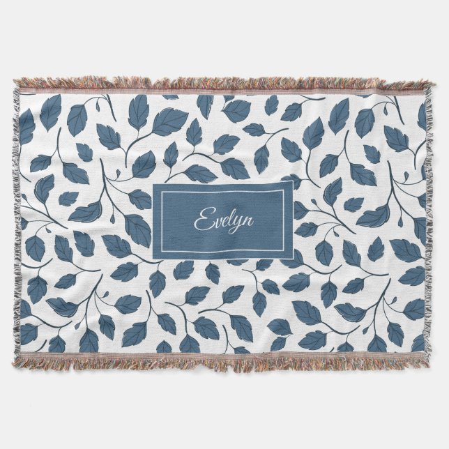 Elegant Blue Botanical Leaves Throw Blanket (Front)