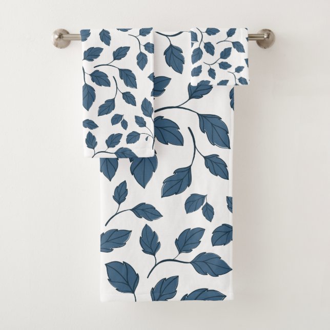 Elegant Blue Botanical Leaves Towels (Insitu)