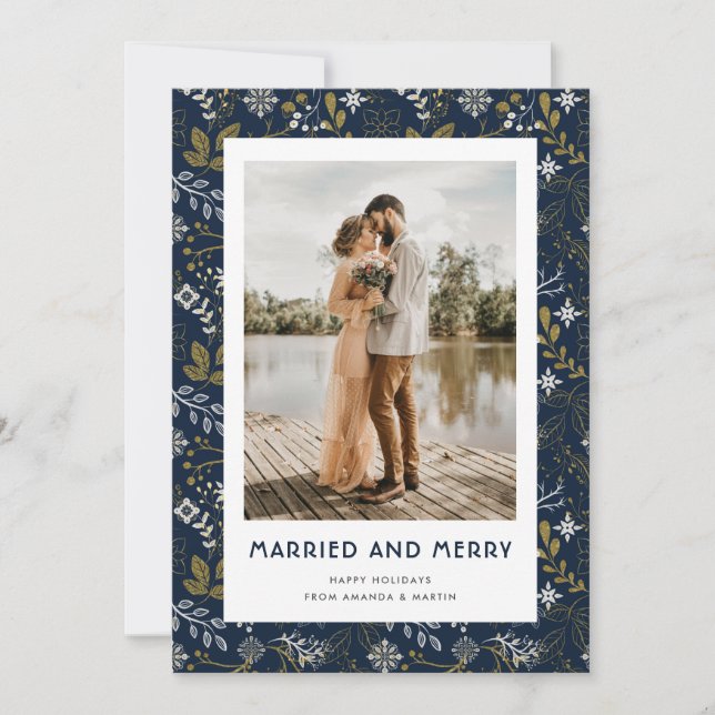 Elegant Blue Botanical Married and Merry Photo Holiday Card (Front)