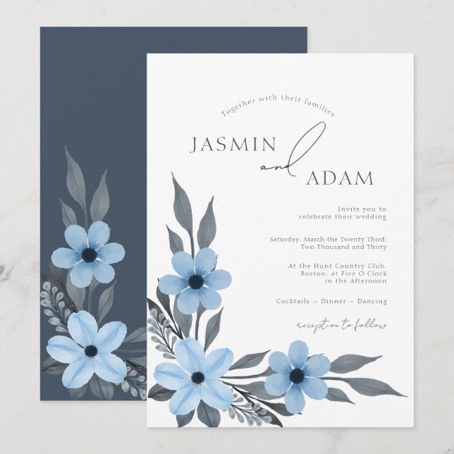 Elegant Blue Botanical Monogram Wedding Invitation (Front/Back)