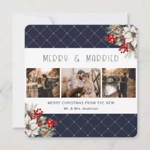Elegant Blue Botanical Newlywed Holiday Card