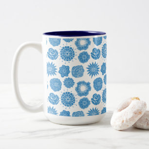 Elegant Blue Botanical Pattern Two-Tone Coffee Mug