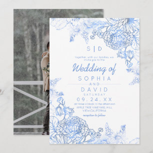 Elegant Blue Botanical Photo Wedding  Invitation