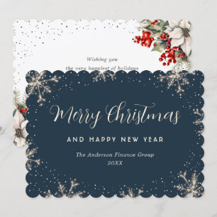 Elegant Blue Botanical Snowflake Business Holiday Card