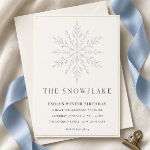 Elegant Blue Botanical Snowflake Winter Birthday Invitation