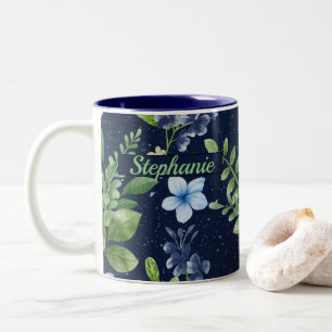 Elegant Blue Botanical Watercolor Floral Pattern Two-Tone Coffee Mug