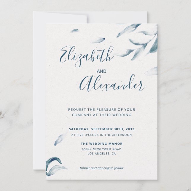 Elegant blue botanical watercolor simple wedding invitation (Front)