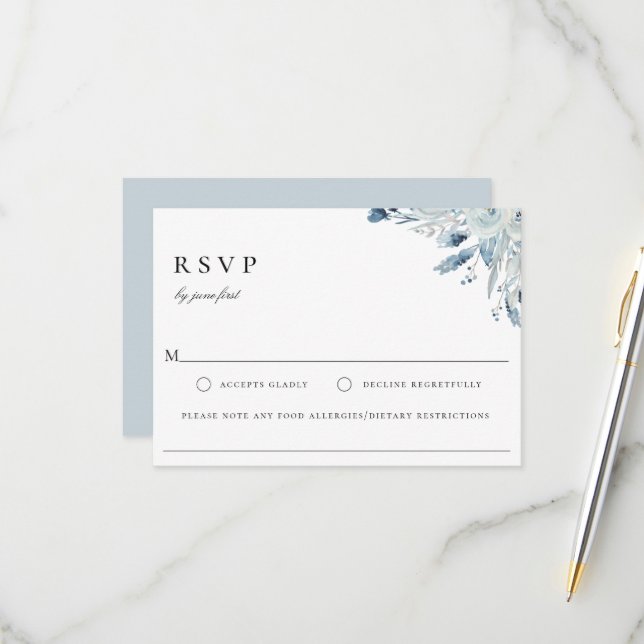 Elegant Blue Botanical Wedding Food Allergy RSVP Card (Front/Back In Situ)