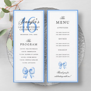 Elegant Blue Bow 16th Birthday Party Program Menu Invitation