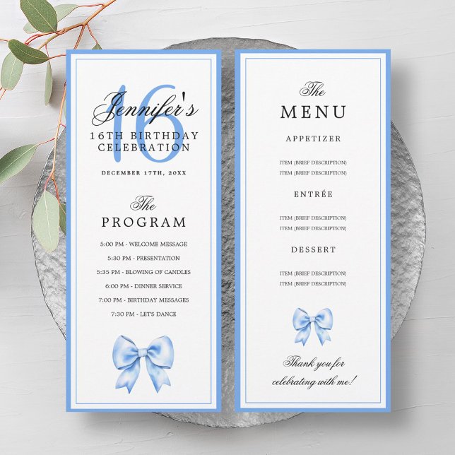 Elegant Blue Bow 16th Birthday Party Program Menu  Invitation (Elegant Blue Bow 16th Birthday Party Program Menu )