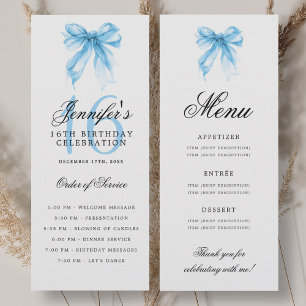 Elegant Blue Bow 16th Birthday Program Menu Invitation