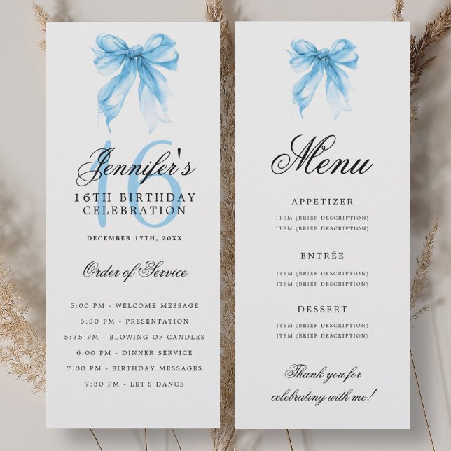 Elegant Blue Bow 16th Birthday Program Menu Invitation (Elegant Blue Bow 16th Birthday Program Menu)