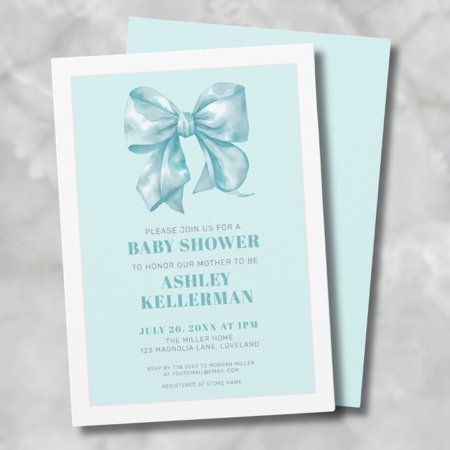 Elegant Blue Bow Baby Shower Invitation (Teal Blue Bow Baby Shower Invitation)