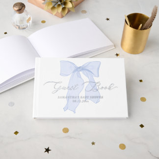 Elegant Blue Bow Baby Shower Silver  Guest Book