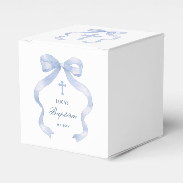 Elegant Blue Bow Baptism Cube Favour Box (Front Side)