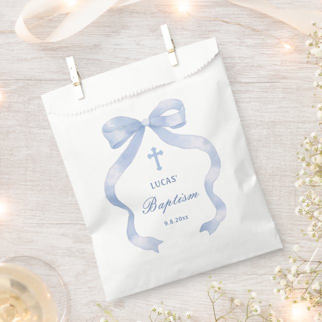 Elegant Blue Bow Baptism Favour Bags (Clipped)