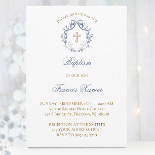 elegant blue bow Baptism Invitation