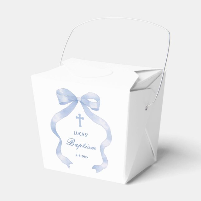 Elegant Blue Bow Baptism Take Out Favour Box (Front Side)