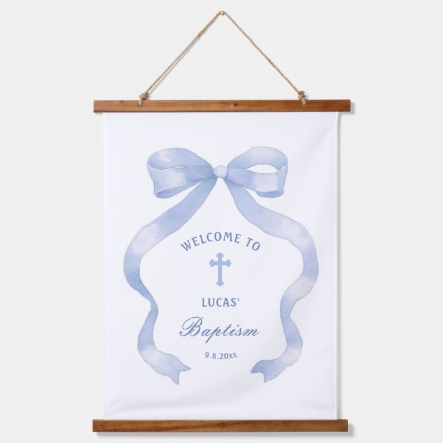 Elegant Blue Bow Baptism Welcome Hanging Tapestry (Front)