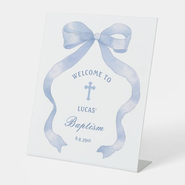 Elegant Blue Bow Baptism Welcome Pedestal Sign (Front)