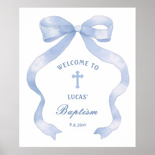 Elegant Blue Bow Baptism Welcome Poster