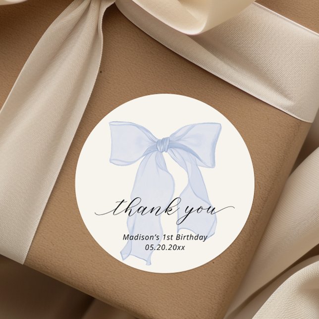 Elegant Blue Bow Birthday Thank you Classic Round Sticker (Creator Uploaded)