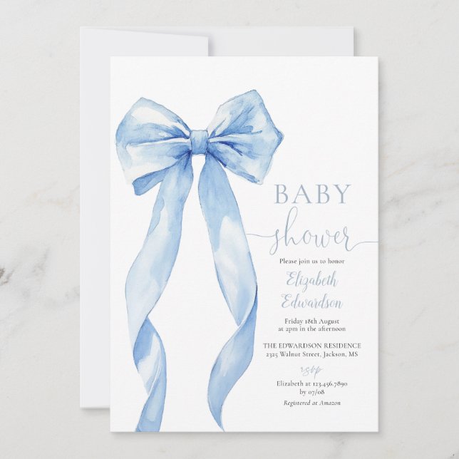 Elegant Blue Bow Boy Baby Shower Invitation (Front)