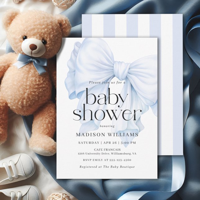 Elegant Blue Bow Boy Baby Shower Invitation (Available in both printed and instant download digital formats.)