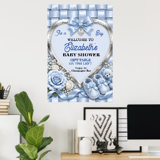 Elegant Blue Bow Boy Baby Shower Poster