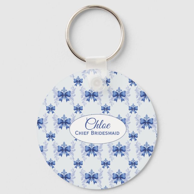 Elegant Blue Bow Bridal Shower Key Ring (Front)